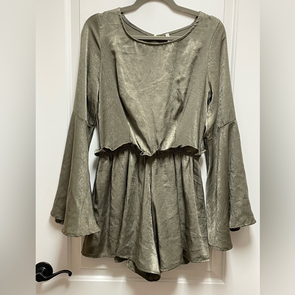 Sage Sz Large Metallic Olive Bohemian Bell Sleeve Jumpsuit Lined Missing Belt
